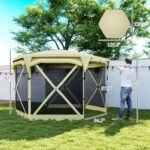 11 X 11ft Pop Up Gazebo Screen Tent With Removable Roof Cover, Roll-up Wind Panels For Camping, Backyard, Beige