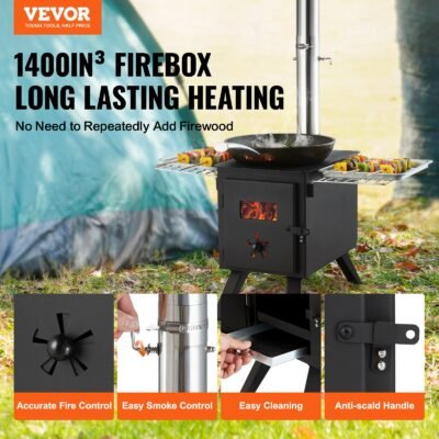 Wood Stove, 86 Inch, Alloy Steel Camping Tent Stove, Portable Wood Burning Stove With Chimney Pipes & Gloves, 1400in³Firebox Hot Tent Stove For Outdoor Cooking And Heating With 8 Pipes