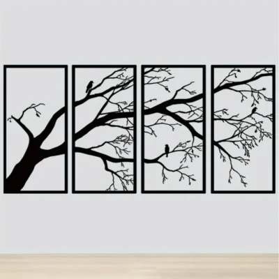 CIFbuy Iron Bare Branch & Bird 4-Panel Wall Art, Minimalist Style Wall Hanging, Nature Theme Home Decor - TikTok, Temu, Self-pickup Available