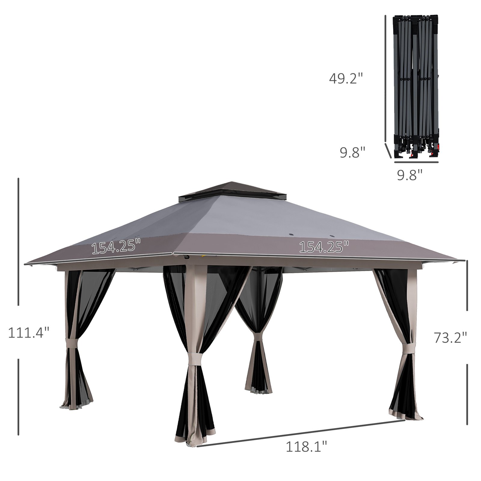 13' X 13' Pop Up Gazebo Instant Canopy Tent Shelter With 2-Tier Roof, Carry Bag, Wight Bags For Outdoor, Garden, Gray