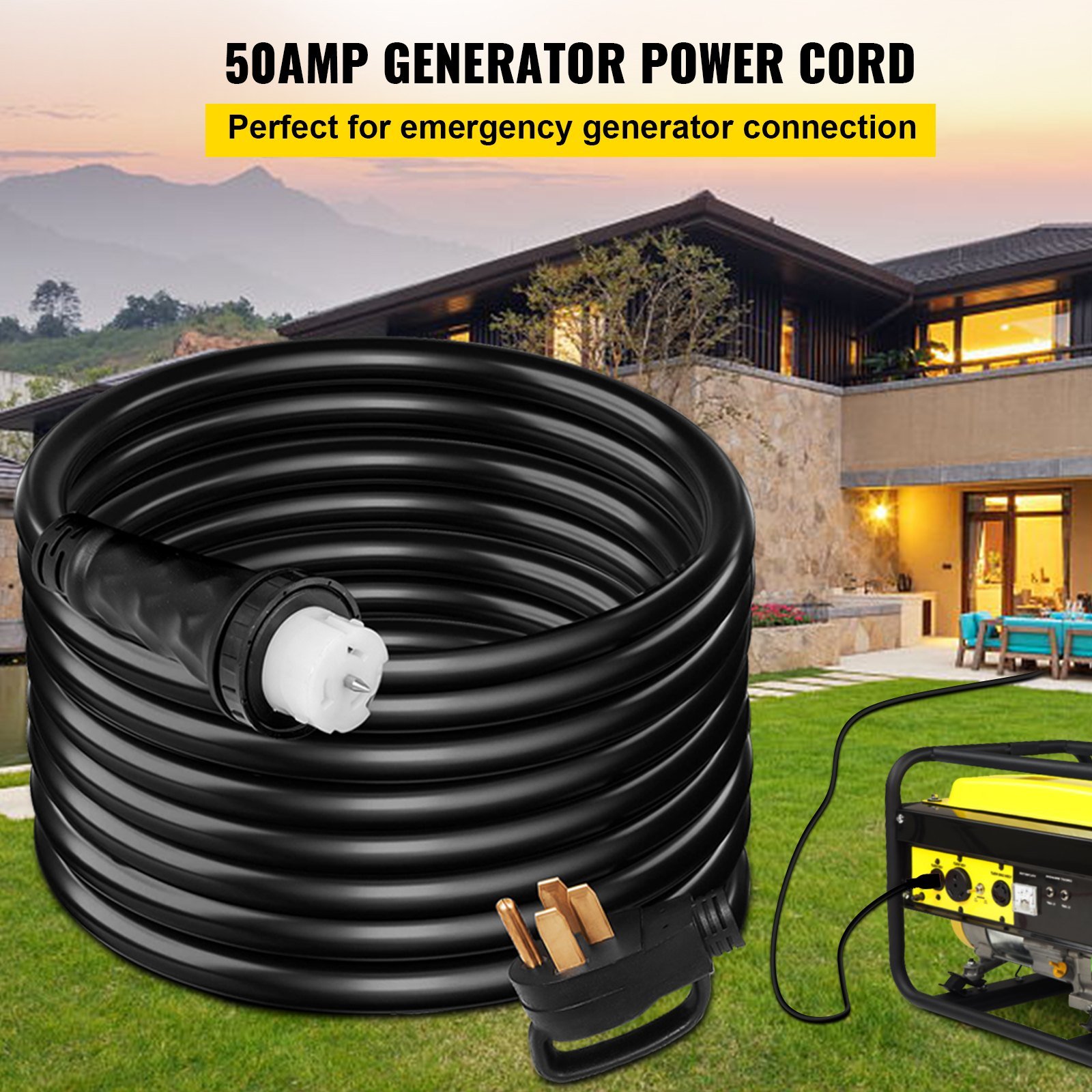 20Ft 50 Amp Generator Extension Cord STW 6/3 + 8/1 Generator Cord 125V 250V Generator Power Cord N14-50P & SS2-50R & CS6364 Twist Lock Connectors