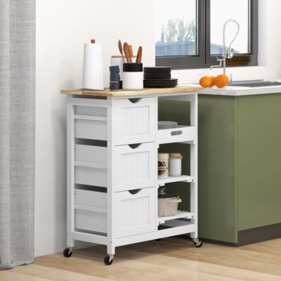 Rolling Kitchen Cart, Kitchen Island With Wood Top, Shelves & Drawers For Dining Area, White