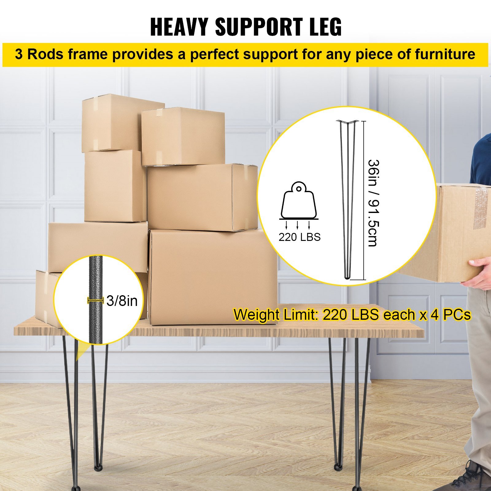 Hairpin Table Legs 36" Black Set Of 4 Desk Legs 880lbs Load Capacity Hairpin Desk Legs 3 Rods For Bench Desk Dining End Table Chairs Carbon Steel DIY Heavy Duty Furniture Legs - Image 2