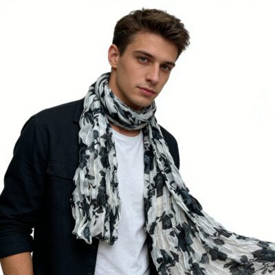 Black White Crinkle Graphic Textured Scarf,High Contrast Abstrac Crinkle Texture Adds Depth Scarf ,vacation,daily Life,evening Party,Office Appropriate Subtlety For Women Men