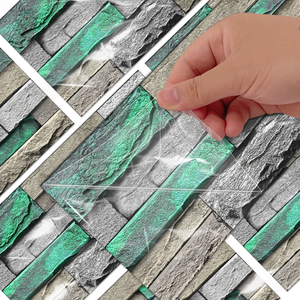 PVC Green Brick And Stone Pattern Self-adhesive Wallpaper, Removable Without Leaving Glue, Peel And Stick Wallpaper - Image 3
