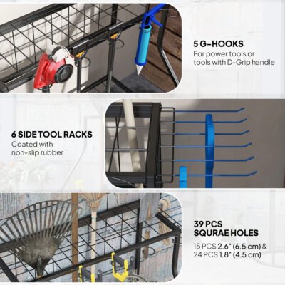 3-Tier Yard Tool Storage Rack, Garden Tool Organizer With Hooks For Long-Handled, Broom, Shovel, Blue