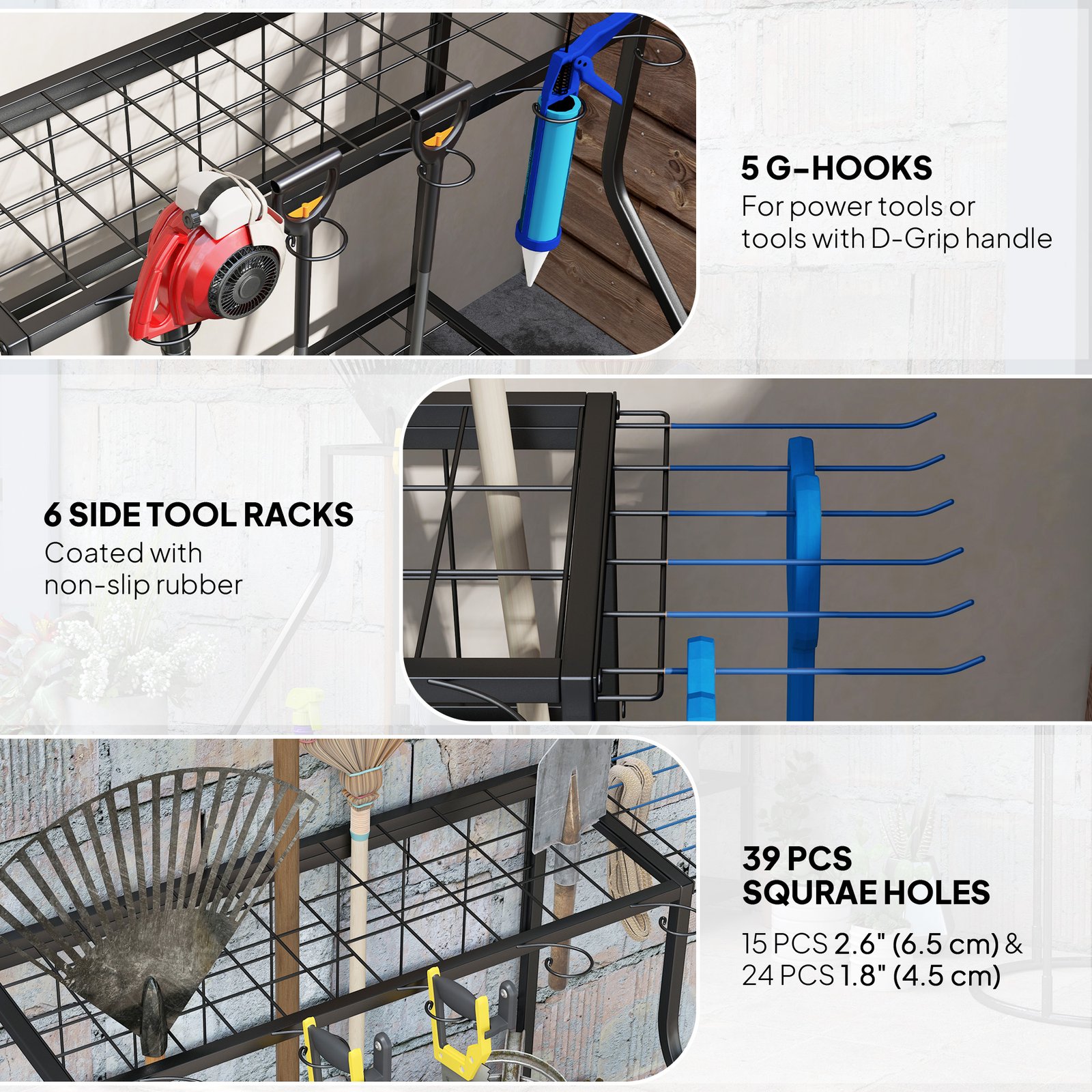 3-Tier Yard Tool Storage Rack, Garden Tool Organizer With Hooks For Long-Handled, Broom, Shovel, Blue