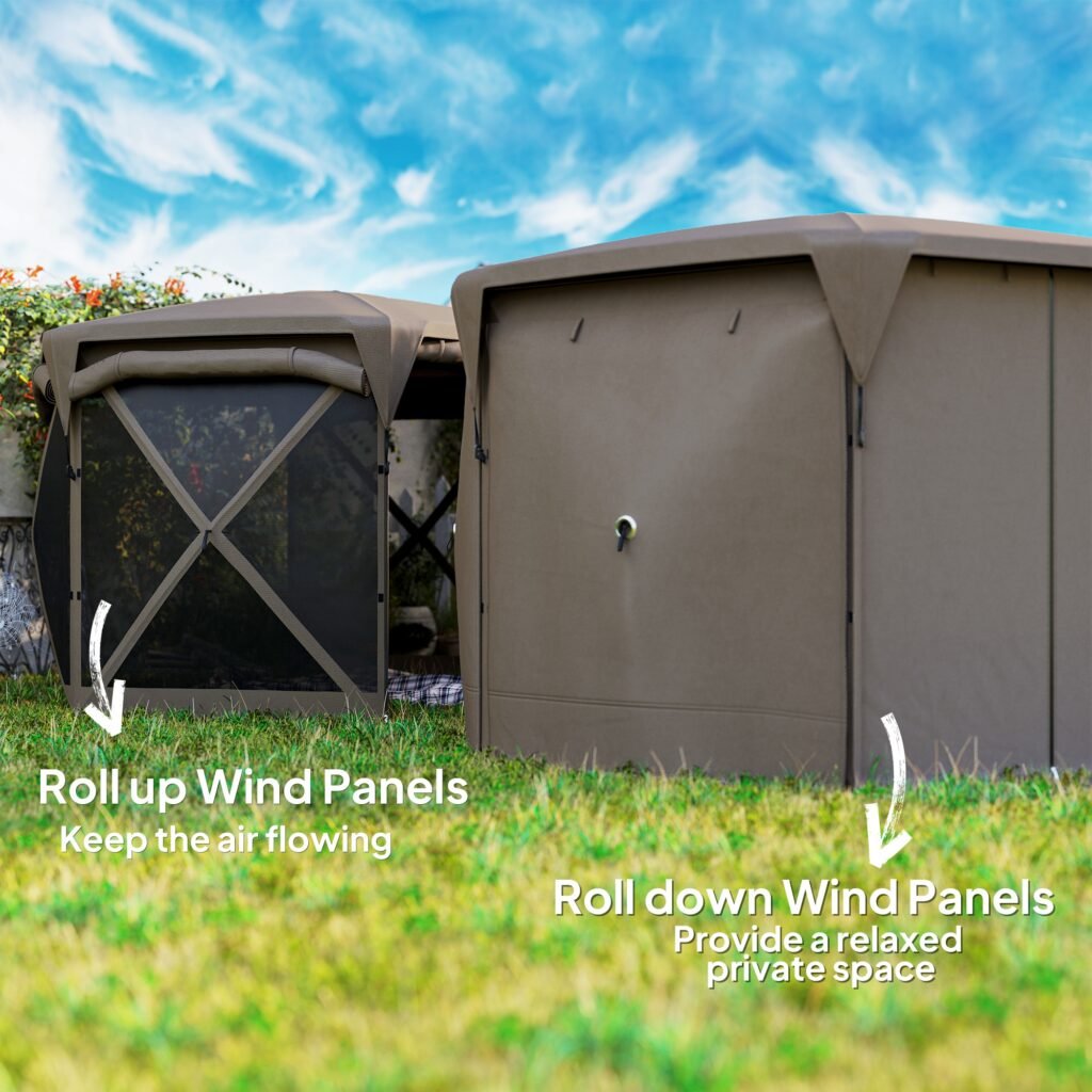 11 X 11ft Up Gazebo Screen Tent With Removable Roof Cover, Roll-up Wind Panels For Camping, Backyard, Brown —