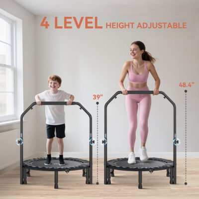 40" Foldable Mini Trampoline, Rebounder Trampoline For Adults With Adjustable Foam Handle, Black