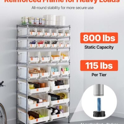 8-Tier Rolling Bin Storage Rack, 26 Organizer Bins, Bin Rack Storage Steel Wire Shelving System With Wheels, Mobile Tool Organizer For Garage, Warehouse, Office, Restaurant, Classroom, Kitchen