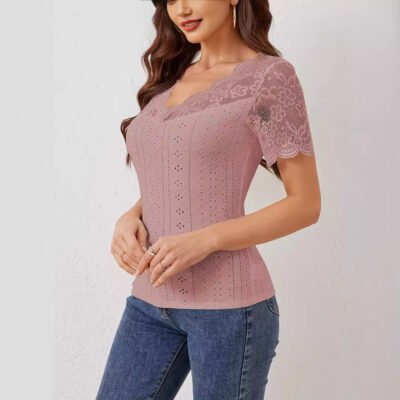 New Fan-shaped Front And Back V-neck Lace Stitching Slim Fit Slimming T-shirt Short Sleeve