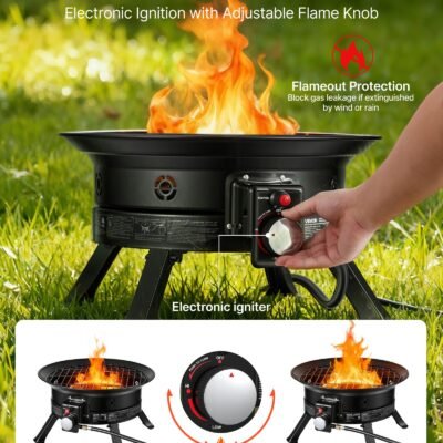 Propane Fire Pit 24-Inch, 53,000 BTU Portable Gas Fire Pit, With Grill Grate & Lava Rocks, Adjustable Flame, Folding Legs,Smokeless Outdoor Firebowl For Camping, Patio, Backyard, Deck, RV, Black