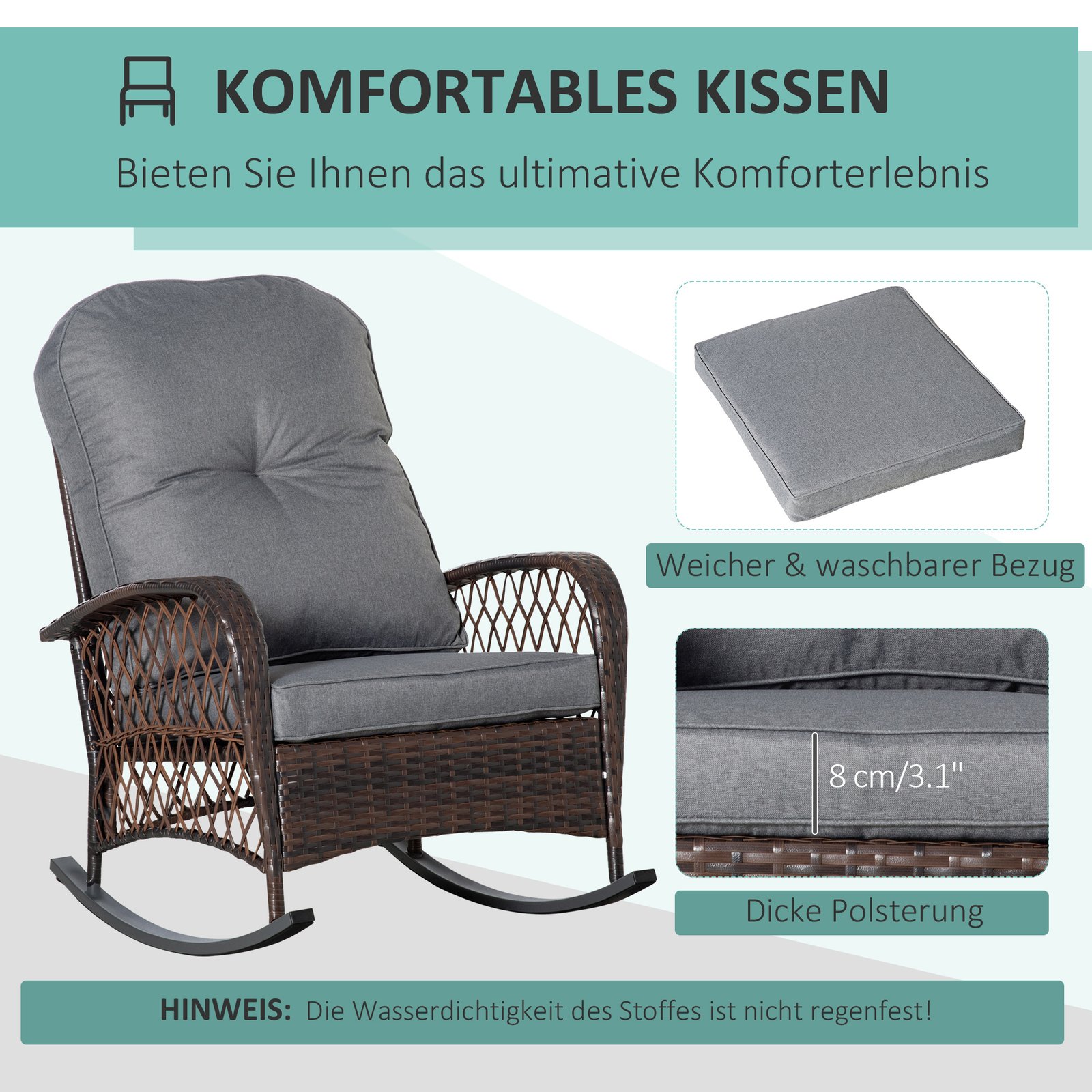 Rattan Porch Rocker W/ Plush Cushion, Gray - Image 3