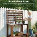 Potting Bench Table, Outdoor Gardening Workstation With 45 X 26 In Stainless Steel Tabletop, Storage Shelves, 4 Casters, Hooks, Garden Planting Work Station For Outside Patio, Backyard, Brown