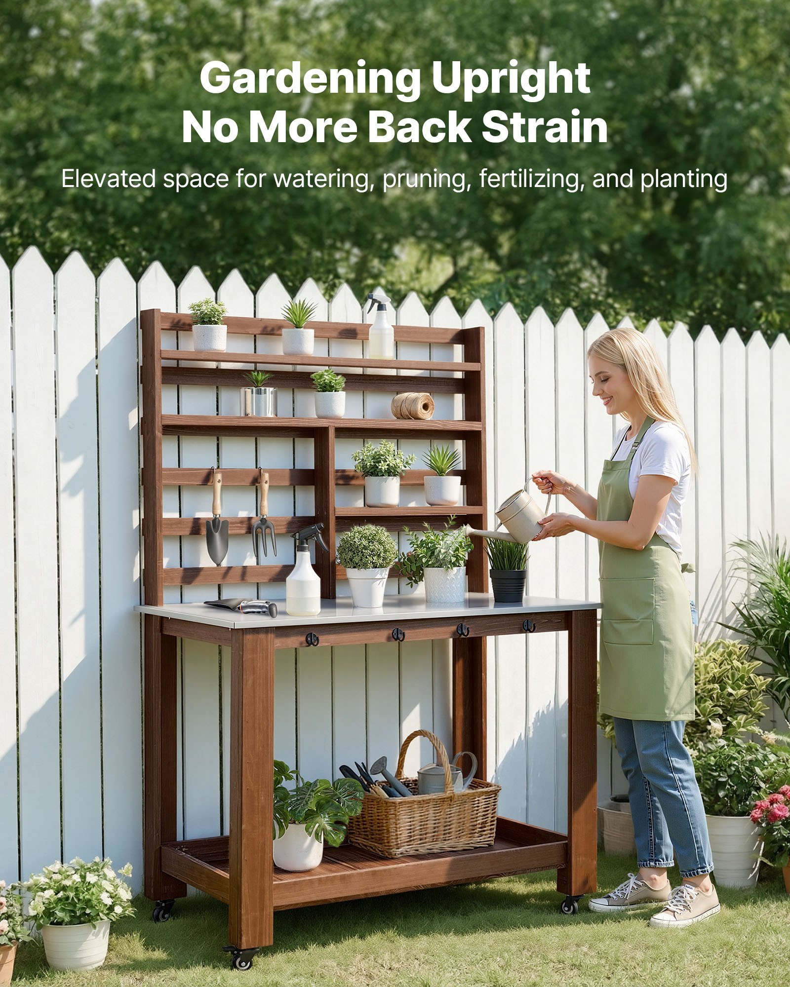 Potting Bench Table, Outdoor Gardening Workstation With 45 X 26 In Stainless Steel Tabletop, Storage Shelves, 4 Casters, Hooks, Garden Planting Work Station For Outside Patio, Backyard, Brown