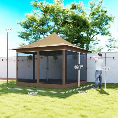 12 X 12 Ft. Canopy Tent With Mesh Netting, UPF50+ Pop Up Tent With Carry Bag For Garden, Patio, Beige
