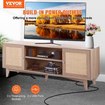 Rattan TV Stand, Mid Century Modern TV Stand For 75 Inch TV, Boho Rattan TV Cabinet With Build-in Socket And USB Ports, Adjustable Shelfs For Living Room, Media Room, Oak