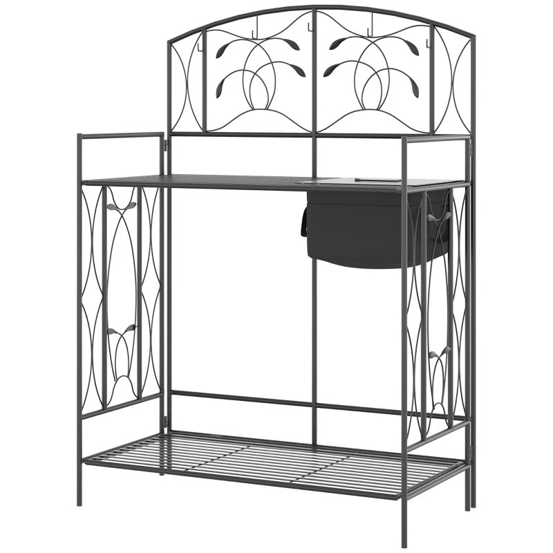 Folding Potting Bench Table, Metal Garden Workstation, Work Bench With Large Built-in Bag With Cover, 5 Hanging Hooks & Storage Shelf, Leaf Pattern - Image 8