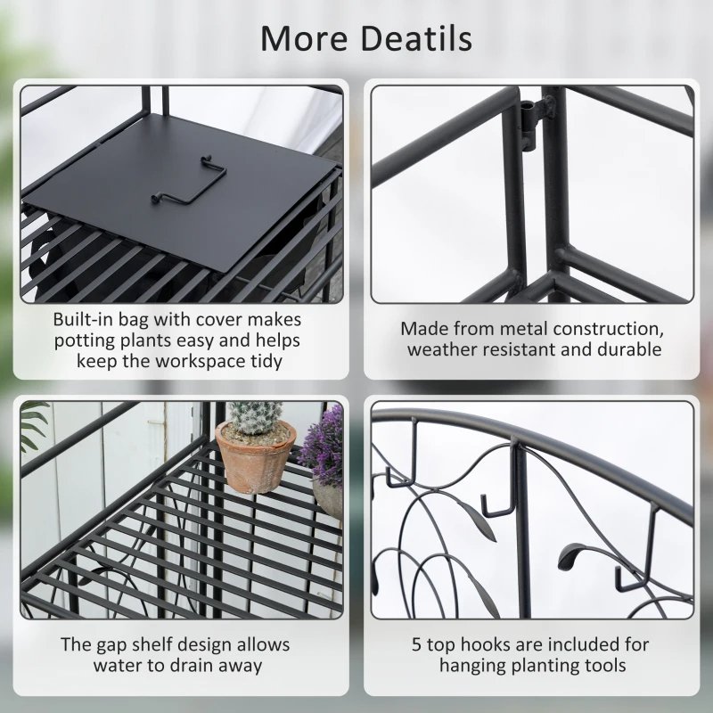 Folding Potting Bench Table, Metal Garden Workstation, Work Bench With Large Built-in Bag With Cover, 5 Hanging Hooks & Storage Shelf, Leaf Pattern - Image 9