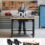 48-inch Workbench, 1500 Lbs Load Capacity, Garage Workbench With Drawer Storage & Wheels, Workshop Bench On Wheels, Heavy Duty Oak Wood Top Work Table For Garage, Workshop, Office, And Home