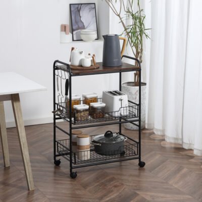 3 Tier Rolling Kitchen Cart With Storage, Kitchen Island Cart On Wheels With 2 Sliding Fruit Basket, Microwave Cart With Side Hooks For Dining Room, Walnut