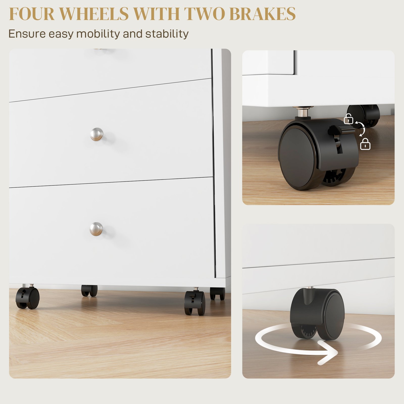 3 Drawer File Cabinet On Wheels Mobile Home Office Storage Cabinet With Top Tray Under Desk Printer Stand, White - Image 4