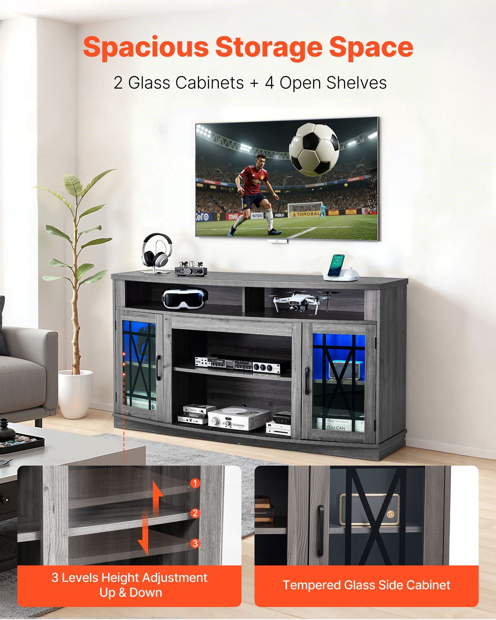 TV Stand For TVs Up To 65 Inch, Farmhouse Entertainment Center With Light Strip, Wooden TV Cabinet Storage With Glass Doors And Adjustable Shelves, Console Table For Living Room, Bedroom, Gray - Image 2