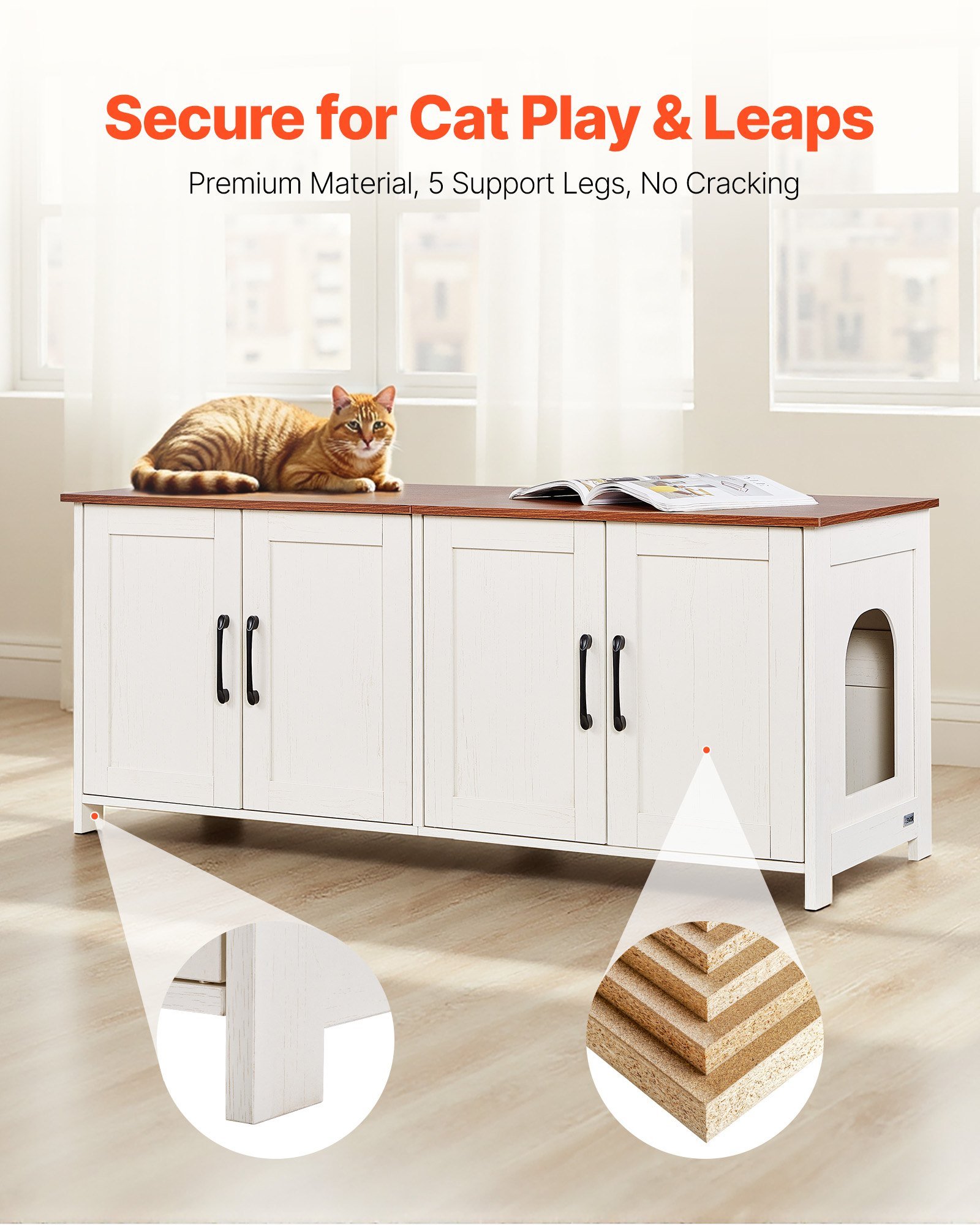 Cat Litter Box Enclosure For Multi Cats, 47.2 In Hidden Litter Box Cabinet With 4 Doors & 2 Entries, Indoor Cat Washroom, Wooden Kitty House Furniture, Fit Most Litterboxes, Brown & White - Image 3