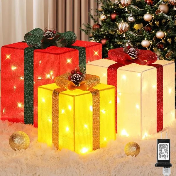 3 Pieces Large Gift Boxes For Christmas Decorations Outdoor, 10" 8" 6" With Pre-lit 70 LED Mini String Lights, Plug-in Warm White Present Boxes With Glitter For Christmas Wedding Party