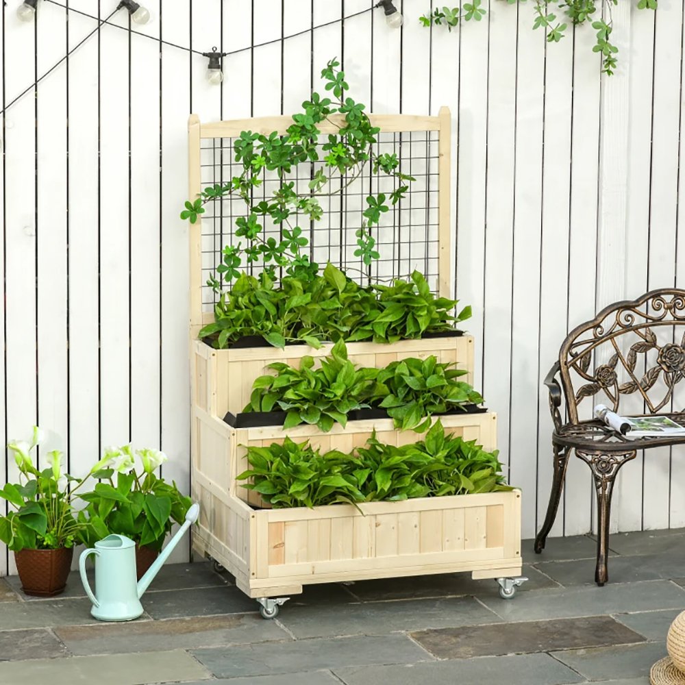 3-Tiers Raised Garden Bed With Trellis, 53'' H Vertical Planter Box With Wheels & Back Storage Area, For Flowers, Vegetables, Herbs, Natural, TIKTOK Prohibits Sales - Image 10