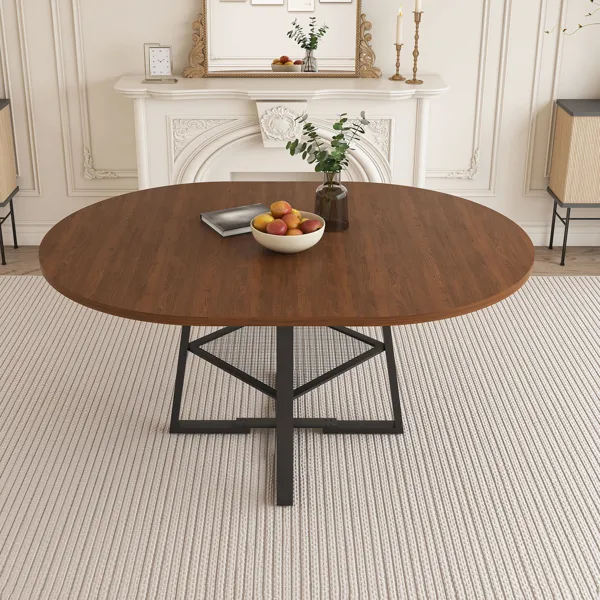 47 Inch Extendable Round Dining Table For 4-8 With Storage, Walnut Finish Circle Dining Table With Metal Frame & Thickened Top, Multi-Functional Kitchen & Living Room Table - Image 3