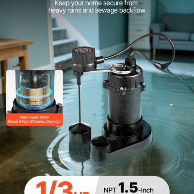 Submersible Sewage Pump, 1/3 HP, 3000 GPH Cast Iron Sewage/Effluent Pump With Automatic Float Switch, 1.5-Inch NPT Discharge, 120V, 25 Ft Lift, For Basement, Septic Tank, Residential Sump Basin