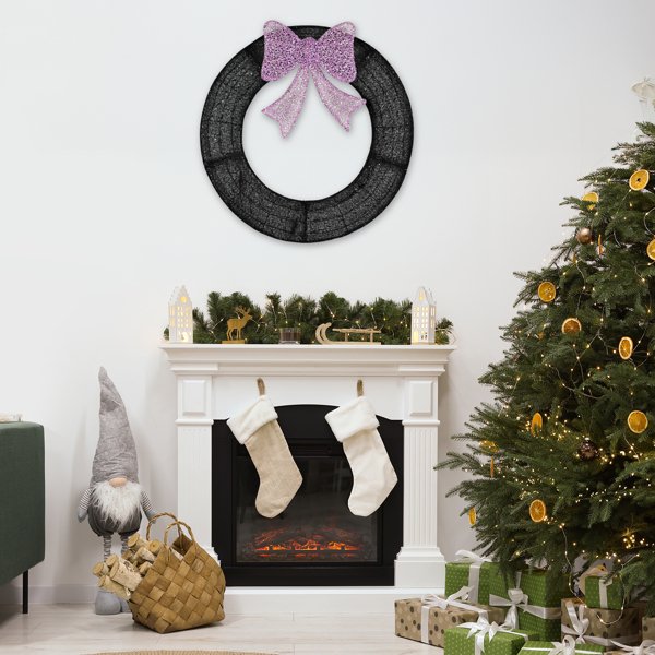 36in Pre-lit Outdoor Christmas Wreath Decoration, Lighted Metal Wreath With Purple Bow, Remote Control LED Lights With Timer, For Front Door Gate Wall Indoor Outdoor Holiday Party - Image 6