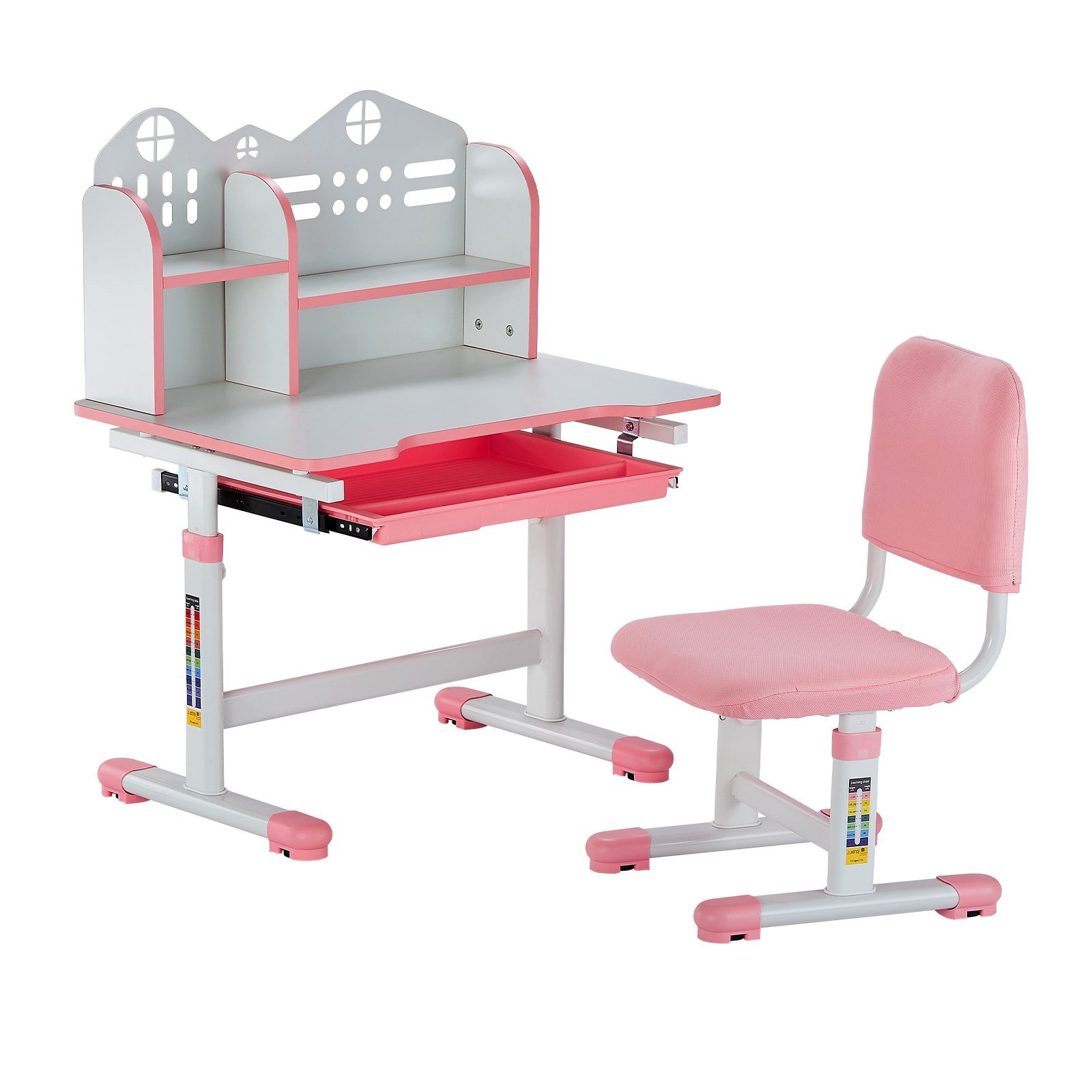 Kids Study Chair And Desk Set, Study Desk And Chair For Kids With Bookshelf And Storage Drawer, Adjustable Height Kids Study Desk With Chair, Children Study Table For Bedroom & Study Room, Pink