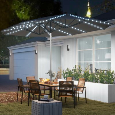 15ft Double-Sided Outdoor Umbrella With Solar Lights, UPF50+ Extra Large Aluminum Patio Umbrella With Crank, Dark Gray