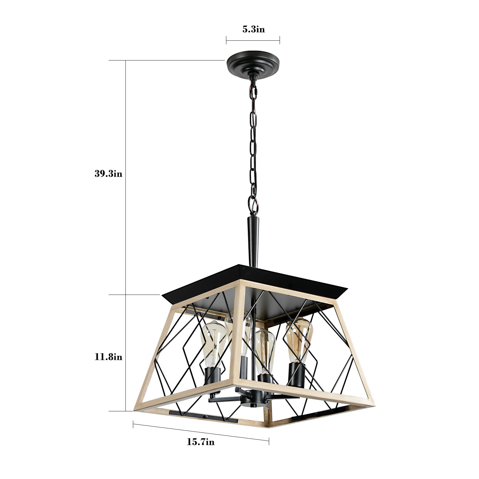 16in Oak Industrial 4-Light Pendant Chandelier, Modern Metal Cage Design, Adjustable Hanging Light For Dining Room, Kitchen, Living Room -No Bulbs - Image 7