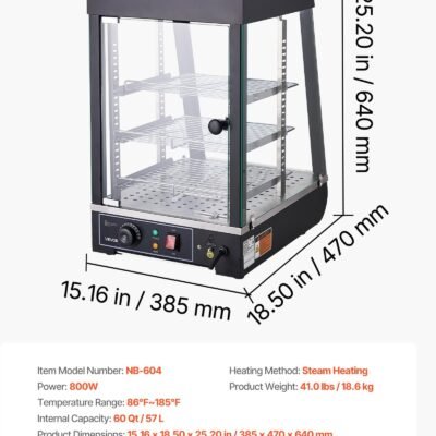 3-Tier Commercial Food Warmer Display, 800W Food Display Warmer With LED Light, Top Storage And Adjustable Shelves, 86℉~185℉ Steam Heating, 60 Qt /57L For Hamburger, Pizza, Bread, Fried Chicken