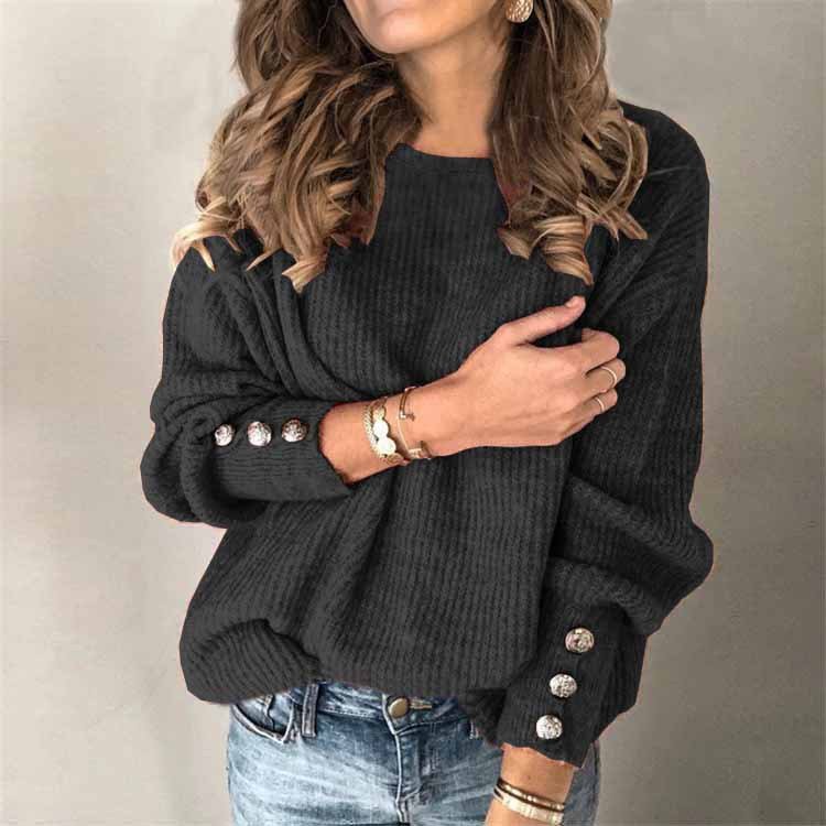 Long Sleeve Round Neck Button Knit T-shirt - Image 2