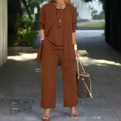 Pure Color Split Round Neck Sleeveless Vest Top Long Sleeve Cardigan Jacket Wide Leg Pants Suit