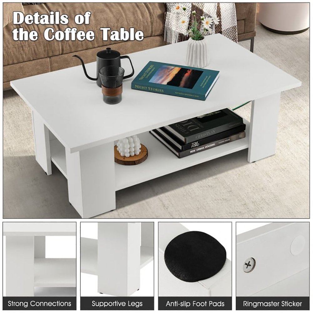 Large 41 Inch 2-tier Wooden Modern Coffee Table With Storage Shelf - Image 10