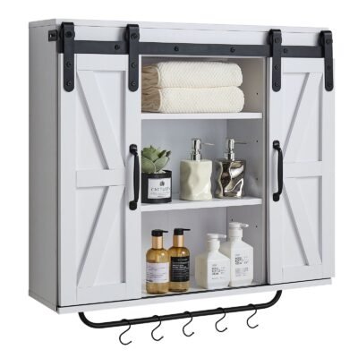 Bathroom Wall Cabinet, 2 Doors And Adjustable Shelf, Over The Toilet Storage Medicine Cabinet Wall Mounted, Hanging Organizer With Open Partition/Towel Bar/Hooks For Laundry Room Kitchen, White