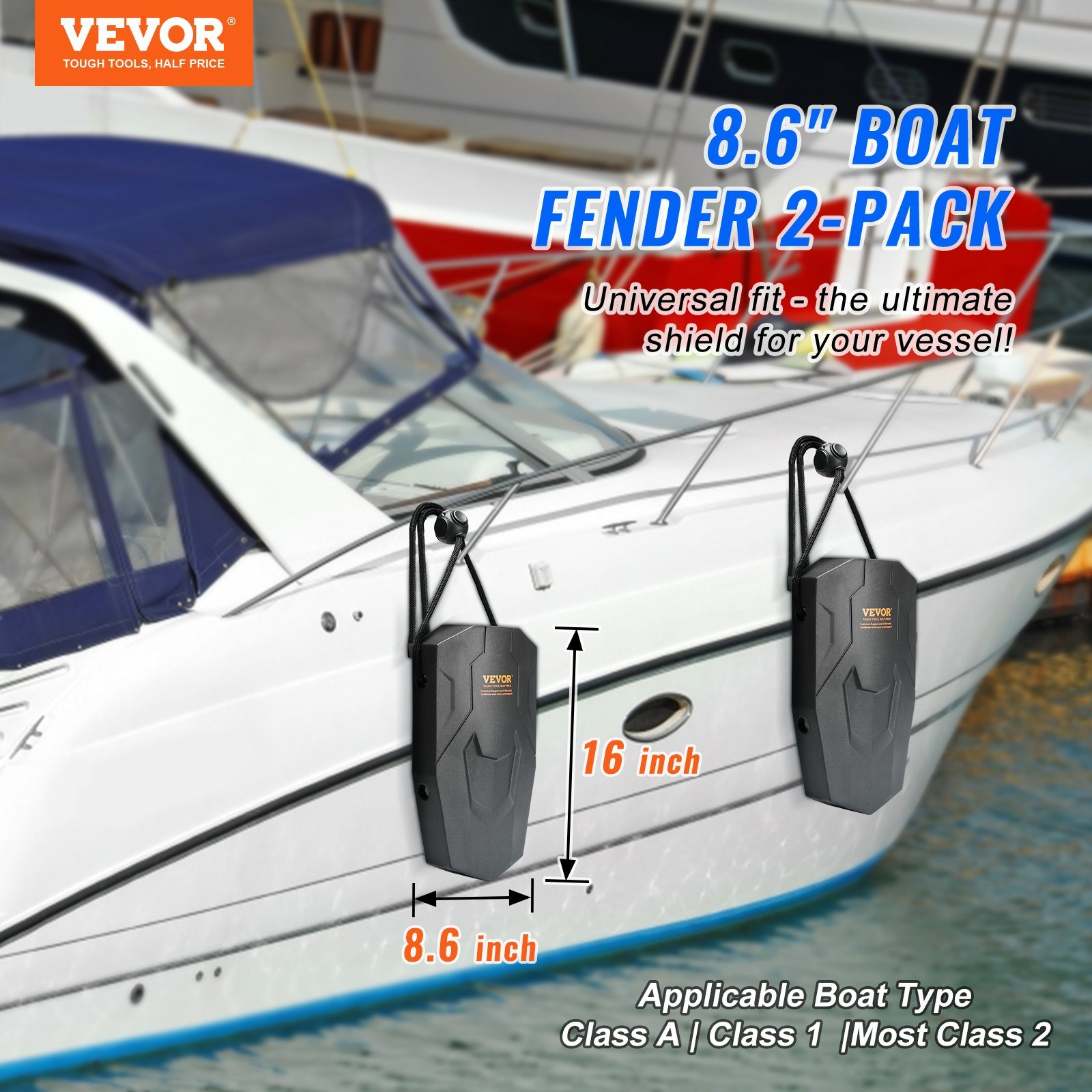 Boat Fenders, 8.6" X 16" Boat Bumpers For Docking, Marine EVA Boat Dock Fender Bumper With Ropes, Cord Locks And Storage Bag, No Inflation Required, For Class A/Class 1/Part Class 2, Black - Image 2