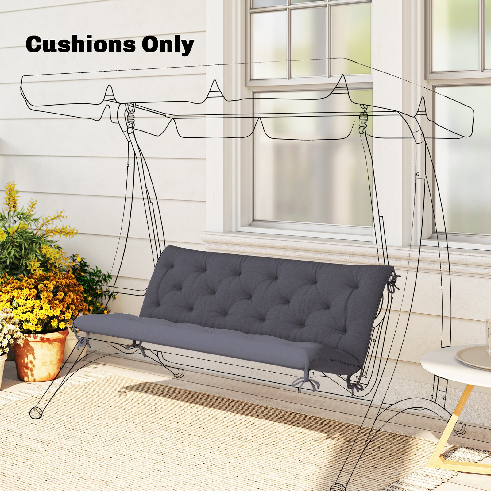 59" X 38" Tufted Bench Cushion For Outdoor Furniture, 3-Seater Replacement For Swing Chair, Patio Sofa/Couch, Dark Gray