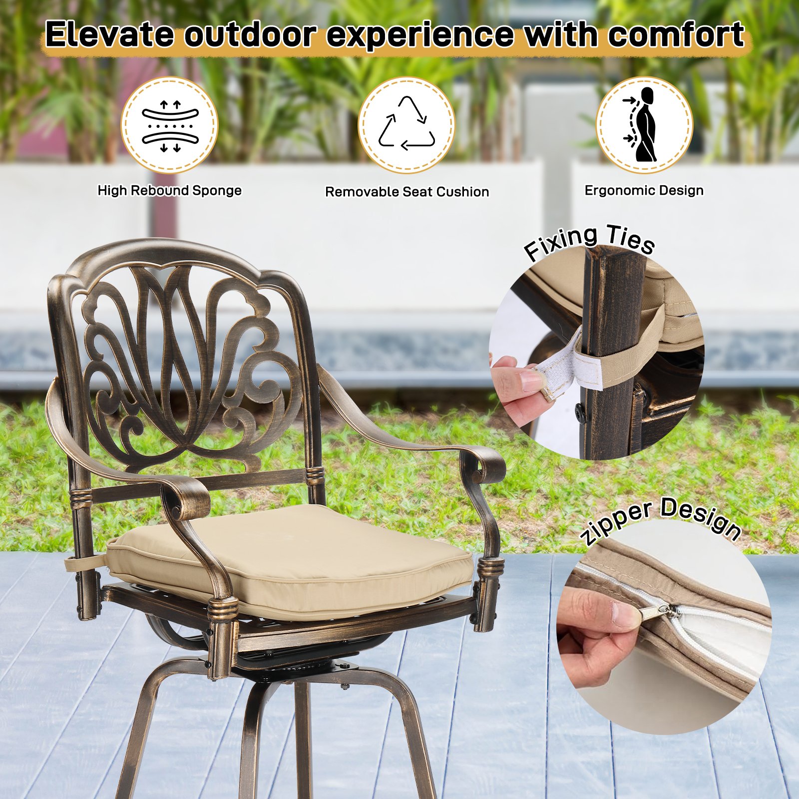 2pcs Bronze Color, Beige Cushion, Cast Aluminum Bar Stool - Image 15