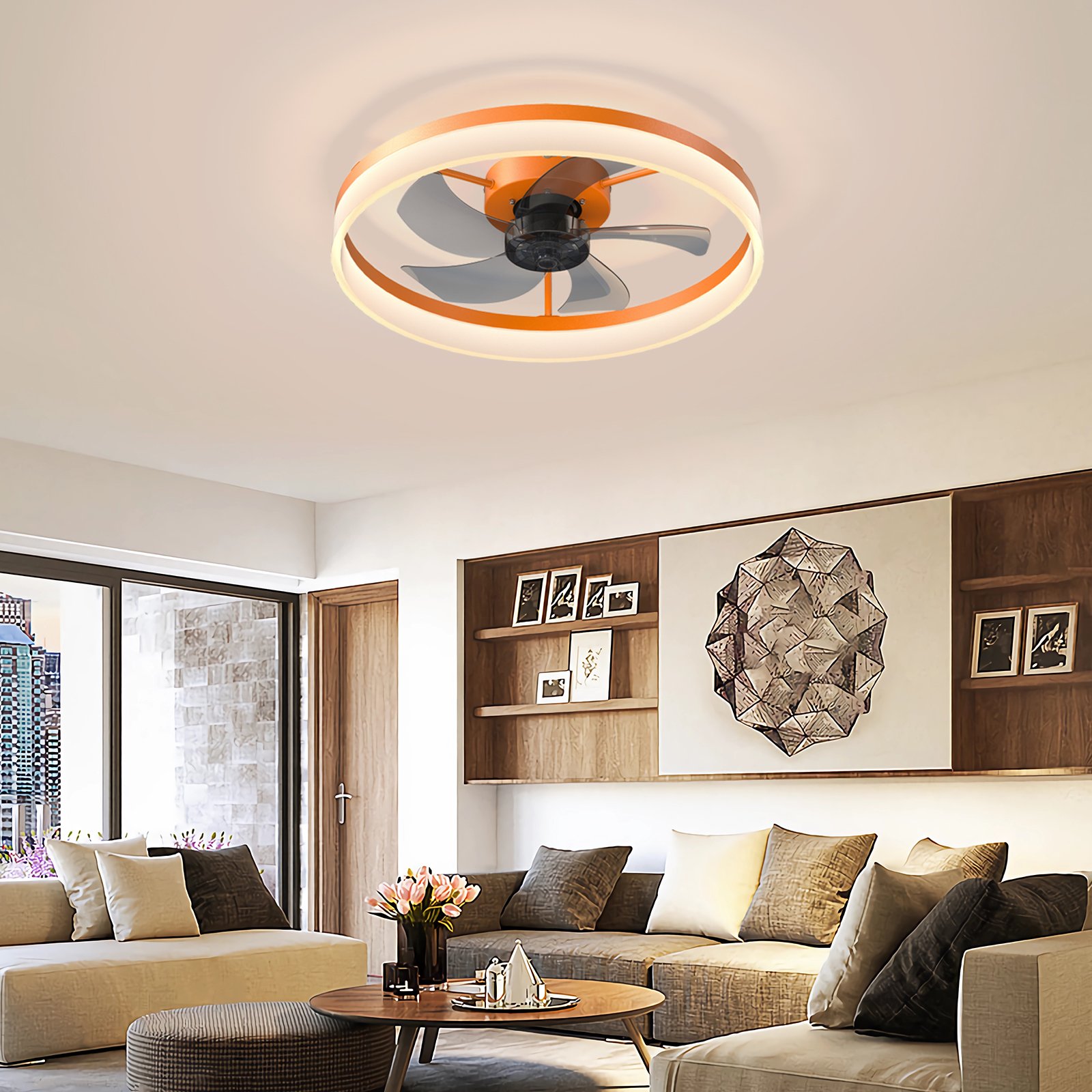 Ceiling Fans With Lights Dimmable LED Embedded Installation Of Thin Modern Ceiling Fans,Orange - Image 5