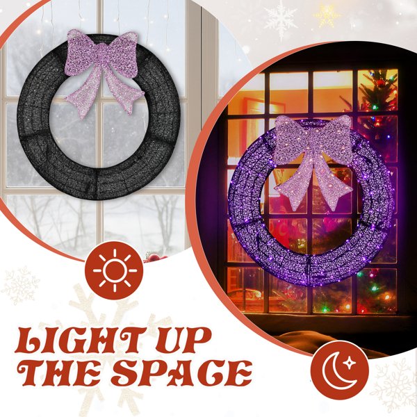 36in Pre-lit Outdoor Christmas Wreath Decoration, Lighted Metal Wreath With Purple Bow, Remote Control LED Lights With Timer, For Front Door Gate Wall Indoor Outdoor Holiday Party - Image 9