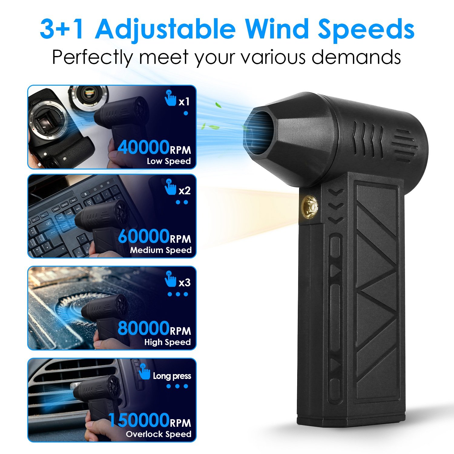 1Pc Compressed Air Duster With LED Light Up To 150000RPM Speed For PC Keyboard Cleaning High Speed Rechargeable Cordless Air Blower With 4 Speeds For Home Car Outdoor - Image 4