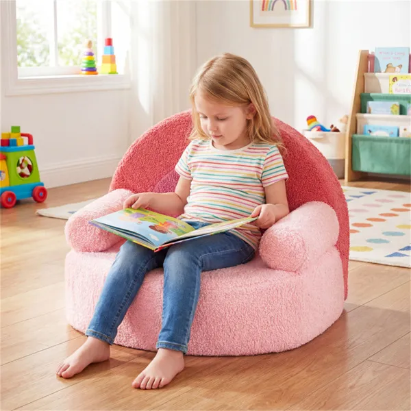 Pink Kids Sofa, Soft Teddy Fleece Foam Couch With Carry Handle & Removable Machine-Washable Cover - Image 2