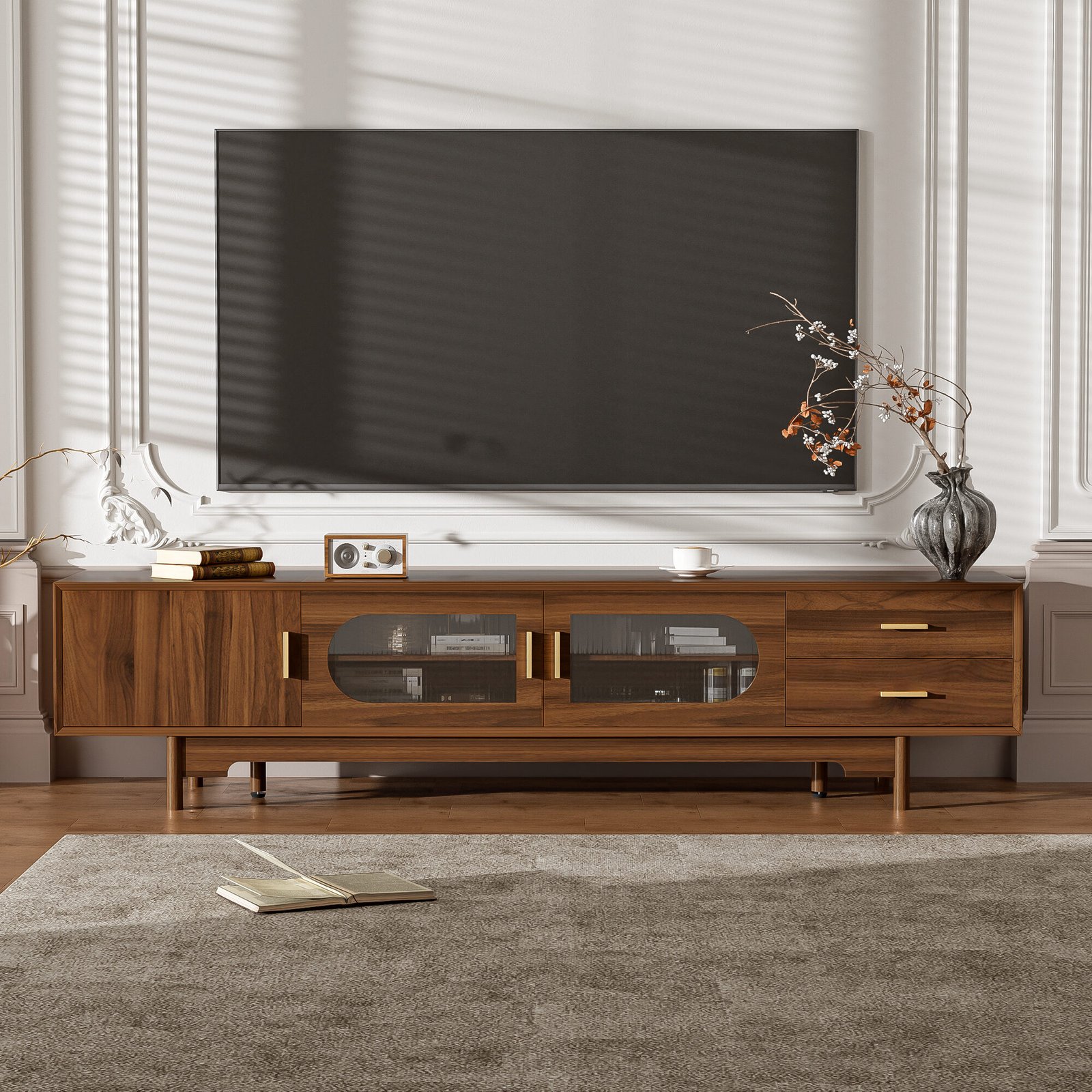 78inch TV Stand For TVs Up To 85, Modern TV Cabinet With Fluted Glass Doors 2 Drawers, For Living Room, Entertainment Center With Cable Management, Solid Wood Legs - Image 2