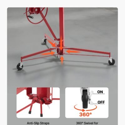 16ft Drywall Lift, Heavy-Duty 150 Lbs Sheetrock Hoist With Adjustable Telescoping Arm, Lockable Wheels, Drywall Lifter Panel Jack Hoist Tools Ideal For Ceiling & Wall Installation (Red)